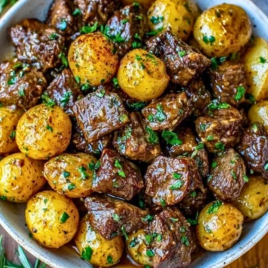 Delicious Garlic Butter Beef Bites with Potatoes on a plate.