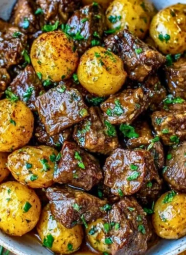 Delicious Garlic Butter Beef Bites with Potatoes on a plate.
