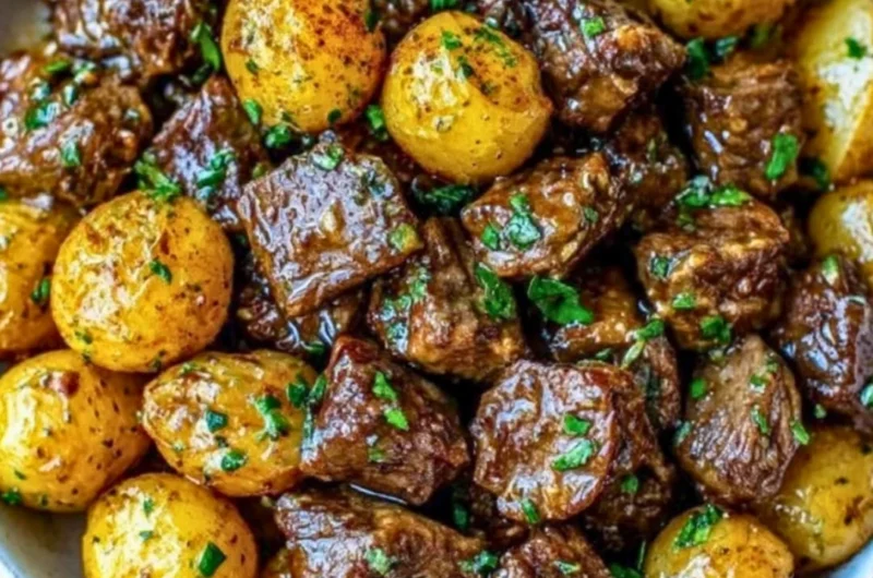 Delicious Garlic Butter Beef Bites with Potatoes on a plate.