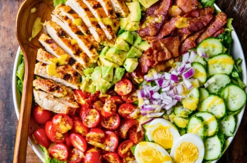 Delicious Grilled Chicken Cobb Salad with fresh vegetables and dressing