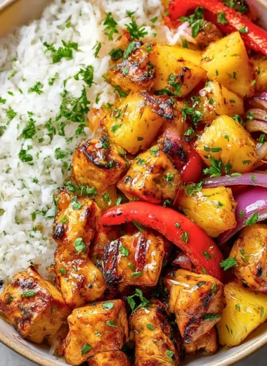 Hawaiian Chicken Sheet Pan with colorful veggies and grilled pineapple