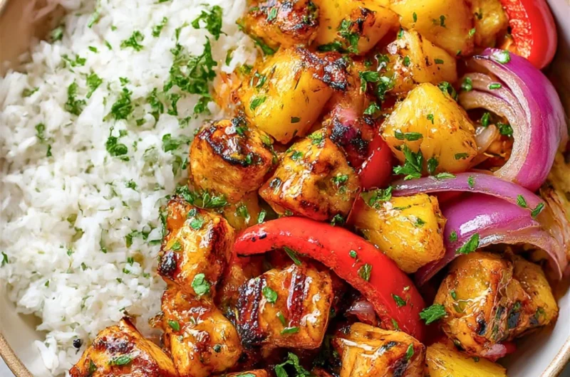 Hawaiian Chicken Sheet Pan with colorful veggies and grilled pineapple