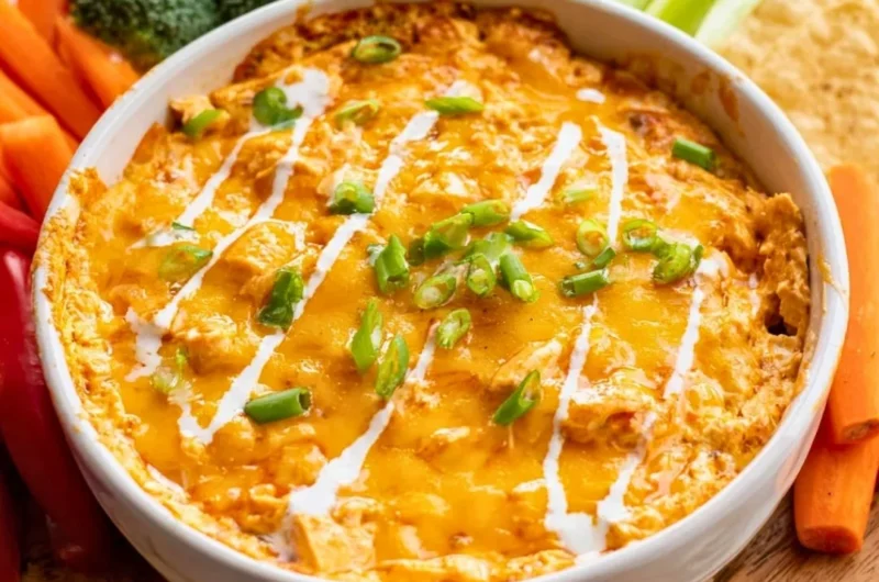 Bowl of Healthy Buffalo Chicken Dip garnished with green onions