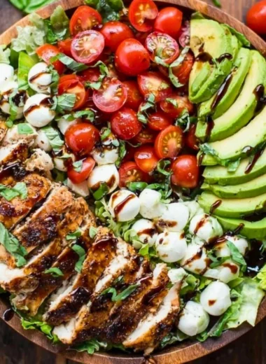 Healthy Chicken Avocado Caprese Salad with fresh ingredients
