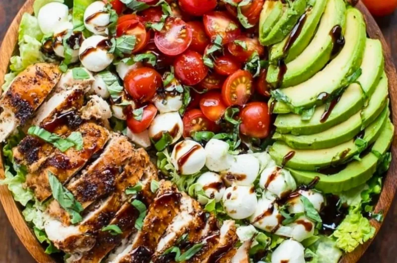 Healthy Chicken Avocado Caprese Salad with fresh ingredients