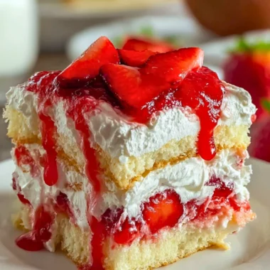 Delicious Heaven on Earth Cake with layers of cream, fruit, and cake on a plate.