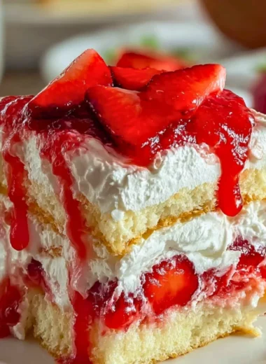 Delicious Heaven on Earth Cake with layers of cream, fruit, and cake on a plate.