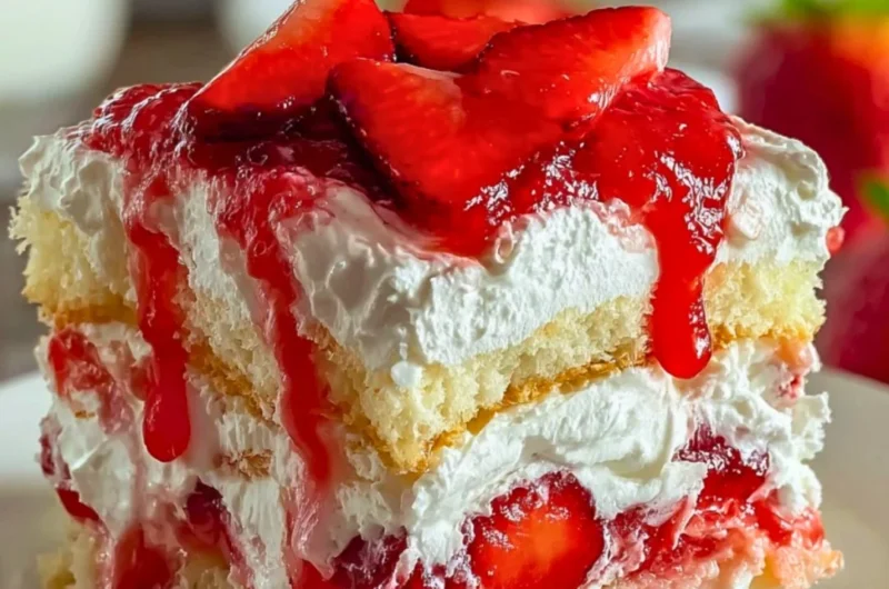 Delicious Heaven on Earth Cake with layers of cream, fruit, and cake on a plate.