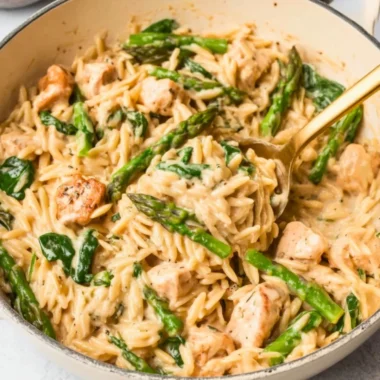 High protein chicken orzo dish garnished with herbs and vegetables