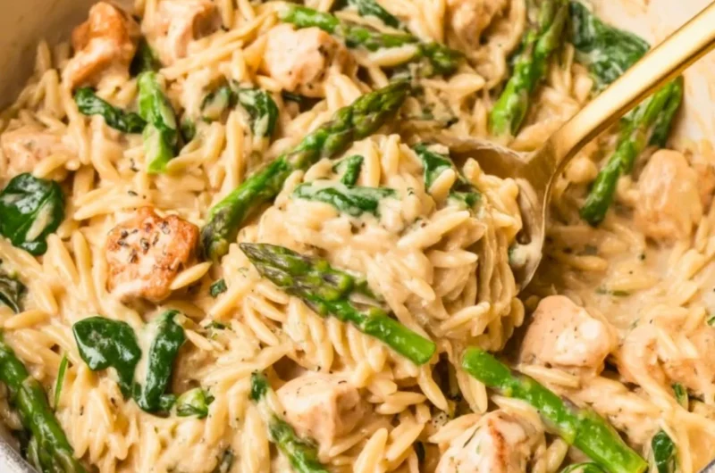High protein chicken orzo dish garnished with herbs and vegetables