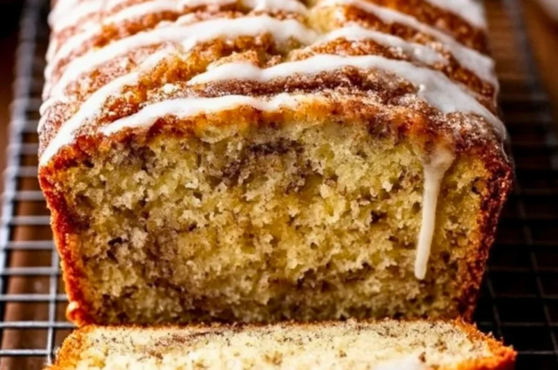 Loaf of homemade cinnamon swirl banana bread with a golden crust and rich texture