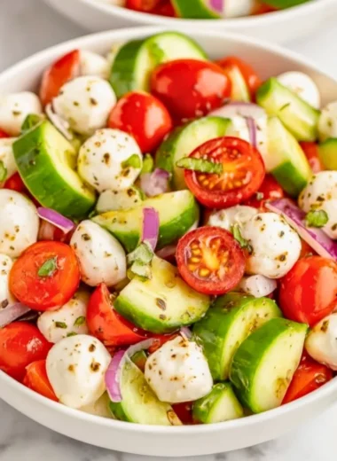 Juicy Cucumber Caprese Salad with fresh mozzarella, basil, and ripe tomatoes