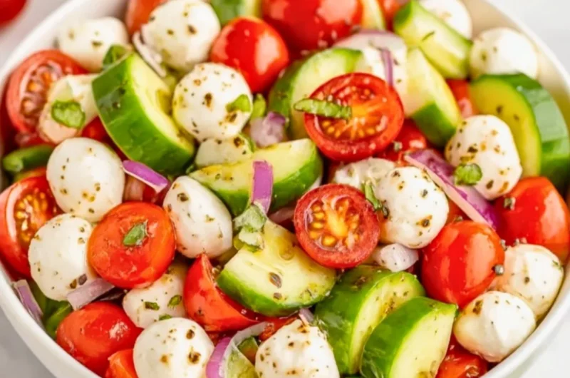 Juicy Cucumber Caprese Salad with fresh mozzarella, basil, and ripe tomatoes