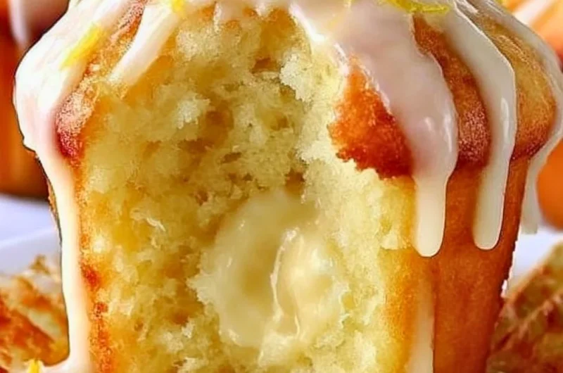 Freshly baked Lemon Cream Cheese Muffins on a rustic table