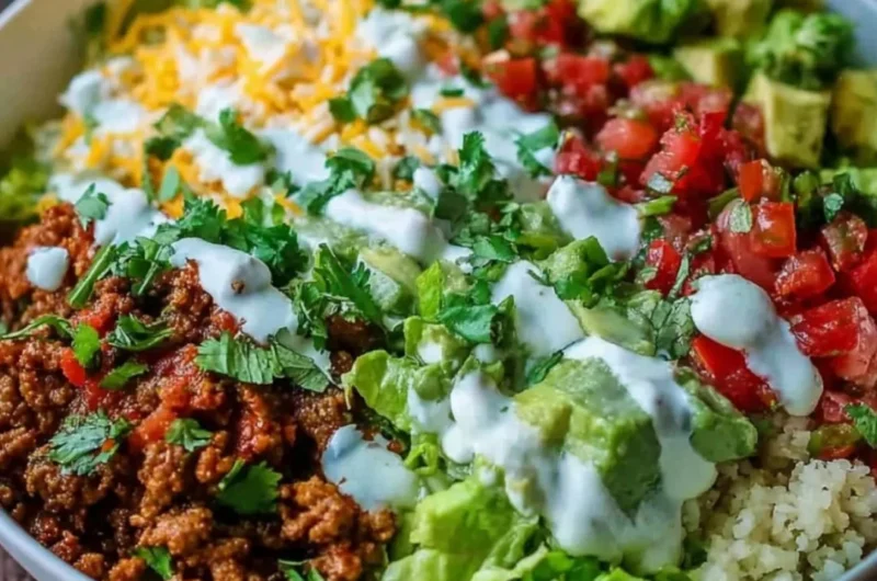 Low carb burrito bowl with fresh ingredients and vibrant toppings