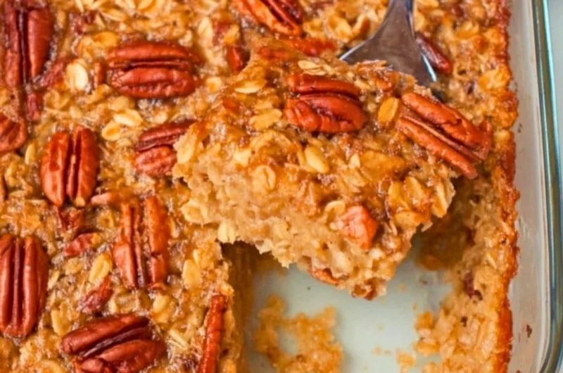Maple Pecan Baked Oatmeal with nuts and maple syrup on a rustic table.