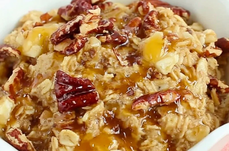 Delicious Maple Pecan Baked Oatmeal served in a bowl with pecans and maple syrup