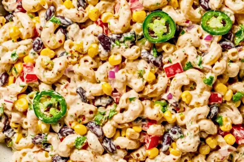 Bowl of colorful Mexican macaroni salad with fresh vegetables and spices
