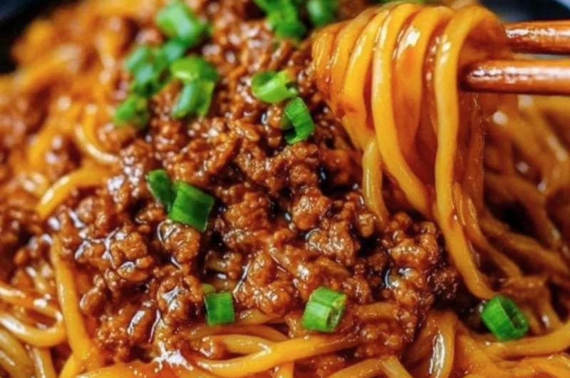 Delicious plate of Mongolian Ground Beef Noodles garnished with green onions.