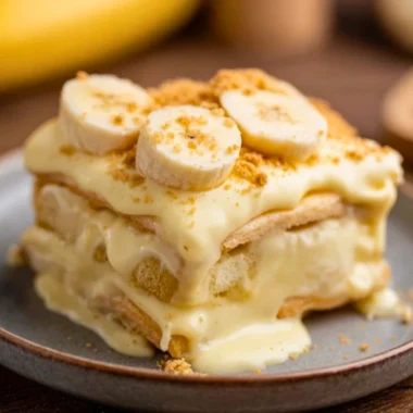 Bowl of old-fashioned homemade banana pudding with fresh bananas and whipped cream