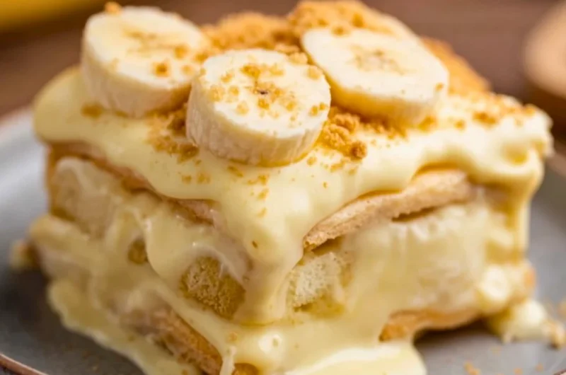 Bowl of old-fashioned homemade banana pudding with fresh bananas and whipped cream