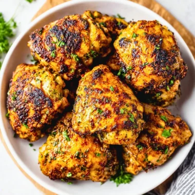 Oven baked chicken thighs served on a plate with herbs and spices