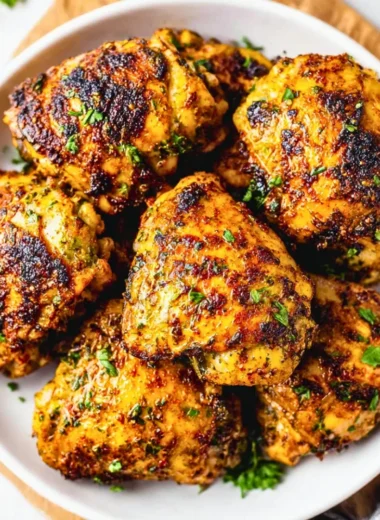Oven baked chicken thighs served on a plate with herbs and spices