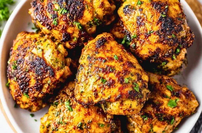 Oven baked chicken thighs served on a plate with herbs and spices