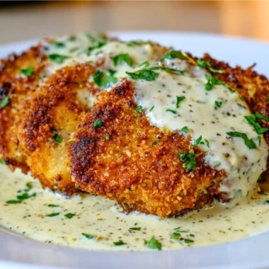 Parmesan Crusted Chicken served with creamy garlic sauce on a plate