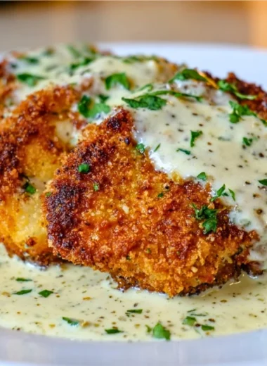 Parmesan Crusted Chicken served with creamy garlic sauce on a plate