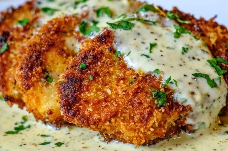 Parmesan Crusted Chicken served with creamy garlic sauce on a plate