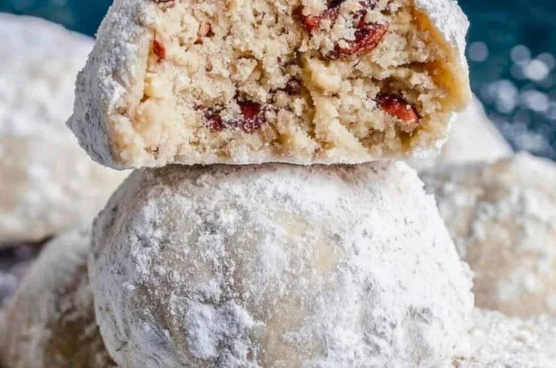 Delicious Pecan Snowball Cookies dusted with powdered sugar on a plate