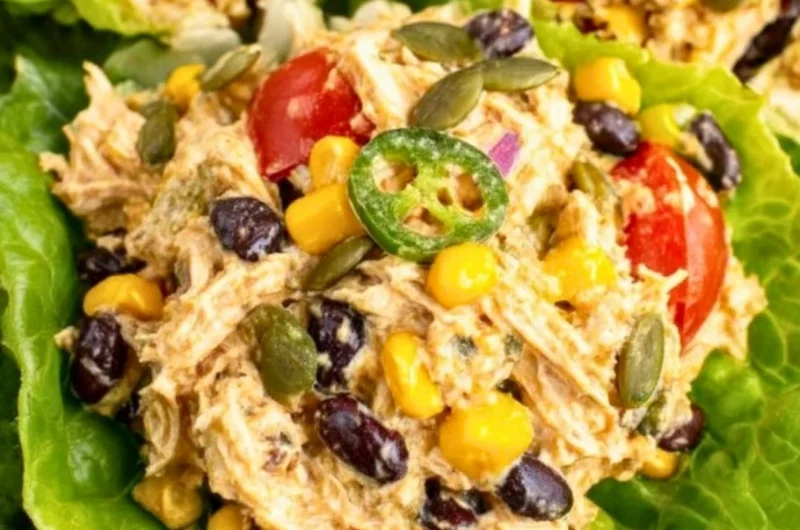 Delicious Quick Southwest Chicken Salad with grilled chicken, veggies, and dressing.