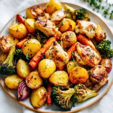 Sheet Pan Lemon Herb Chicken served with colorful vegetables