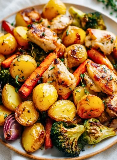 Sheet Pan Lemon Herb Chicken served with colorful vegetables