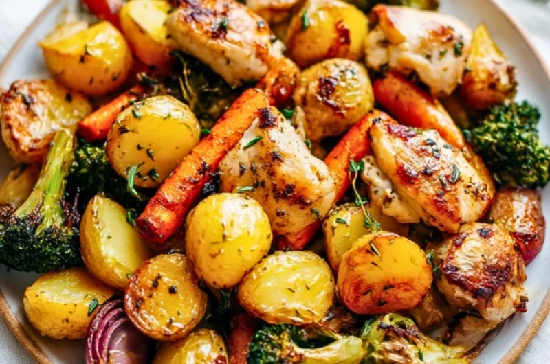 Sheet Pan Lemon Herb Chicken served with colorful vegetables