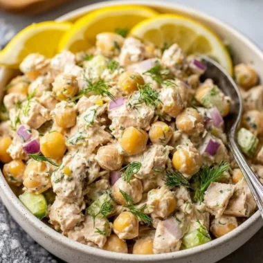 Simple and healthy tuna chickpea salad in a bowl with fresh ingredients