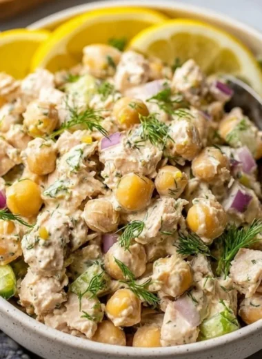 Simple and healthy tuna chickpea salad in a bowl with fresh ingredients