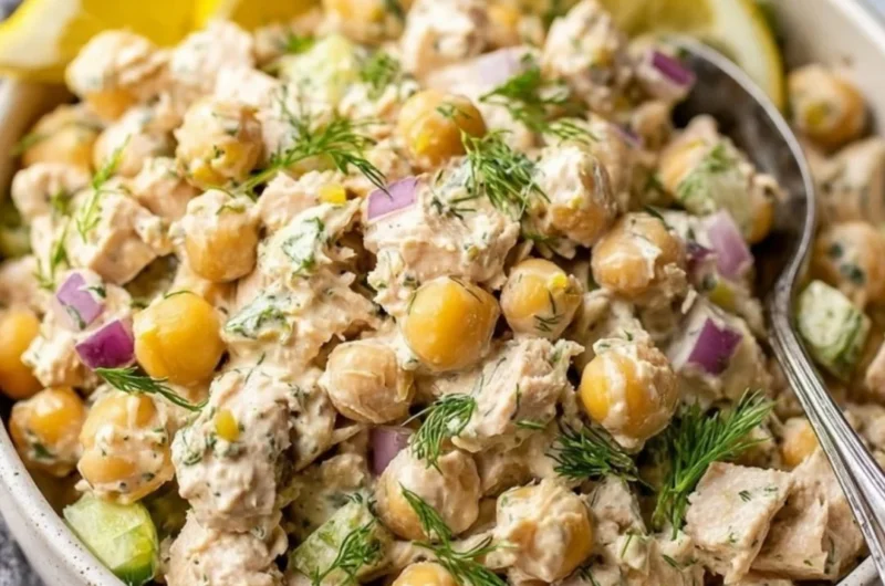 Simple and healthy tuna chickpea salad in a bowl with fresh ingredients