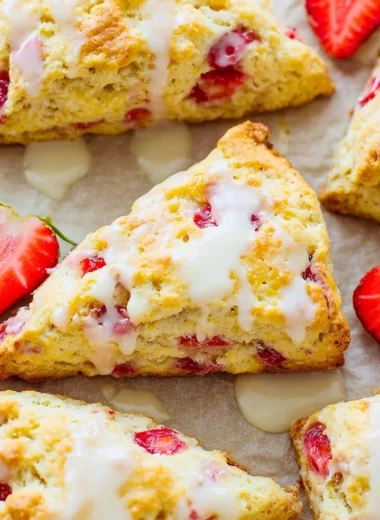 Freshly baked strawberries and cream scones on a plate with strawberries