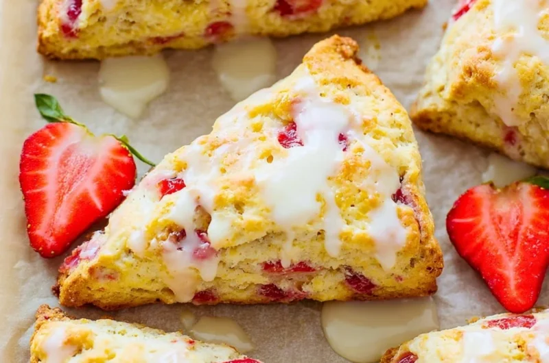 Freshly baked strawberries and cream scones on a plate with strawberries
