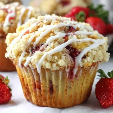 Freshly baked Strawberry Cream Cheese Muffins with crispy streusel topping