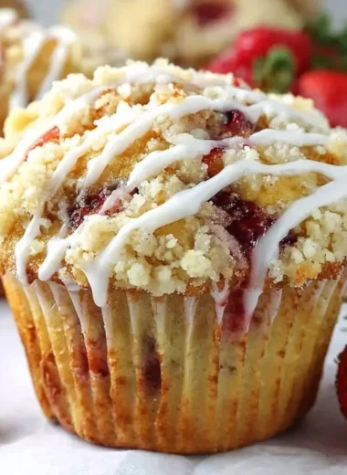 Freshly baked Strawberry Cream Cheese Muffins with crispy streusel topping