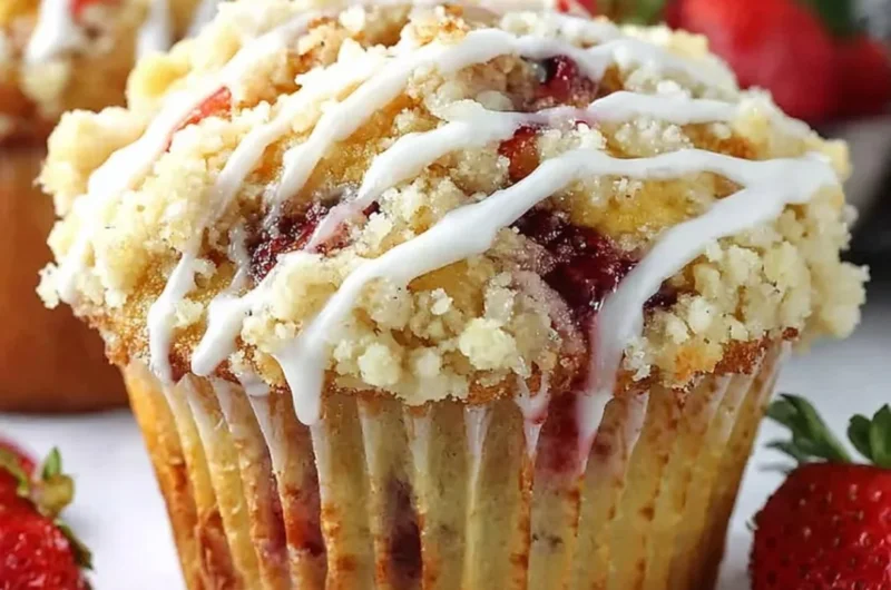 Freshly baked Strawberry Cream Cheese Muffins with crispy streusel topping