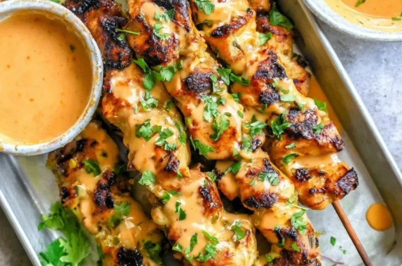 Delicious Bang Bang Chicken Skewers grilled to perfection