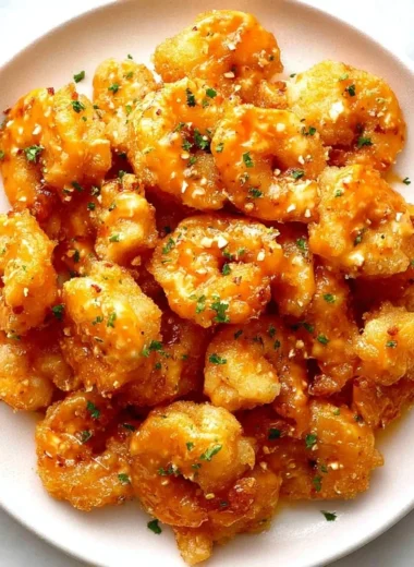 Plate of crispy Bang Bang Shrimp drizzled with spicy sauce
