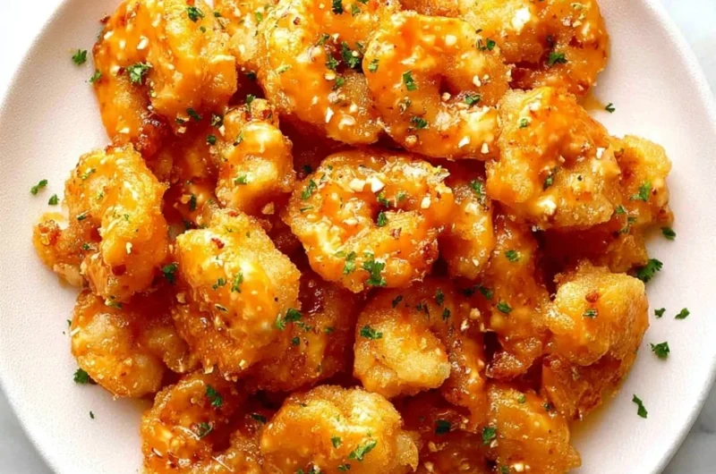 Plate of crispy Bang Bang Shrimp drizzled with spicy sauce