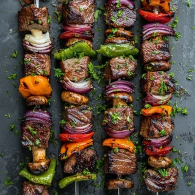 Grilled beef shish kabobs with colorful vegetables on skewers