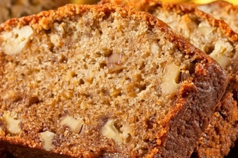 Delicious slice of moist banana bread on a wooden table