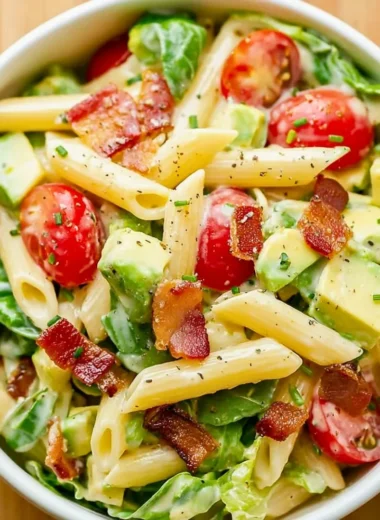 Gluten free and dairy free BLT pasta salad with fresh ingredients